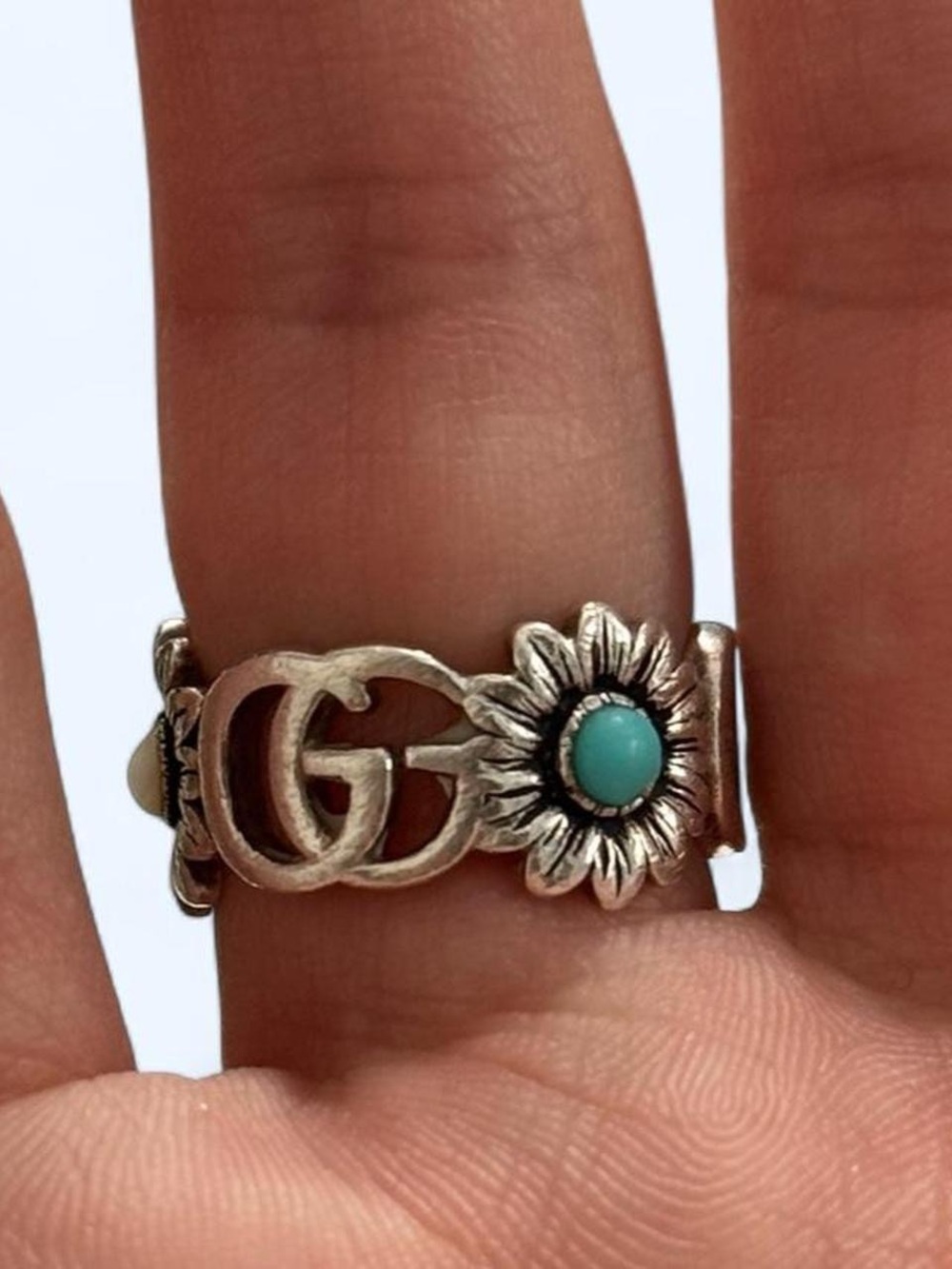 Authentic Gucci Double G Flower Sterling Silver Ring Size 10